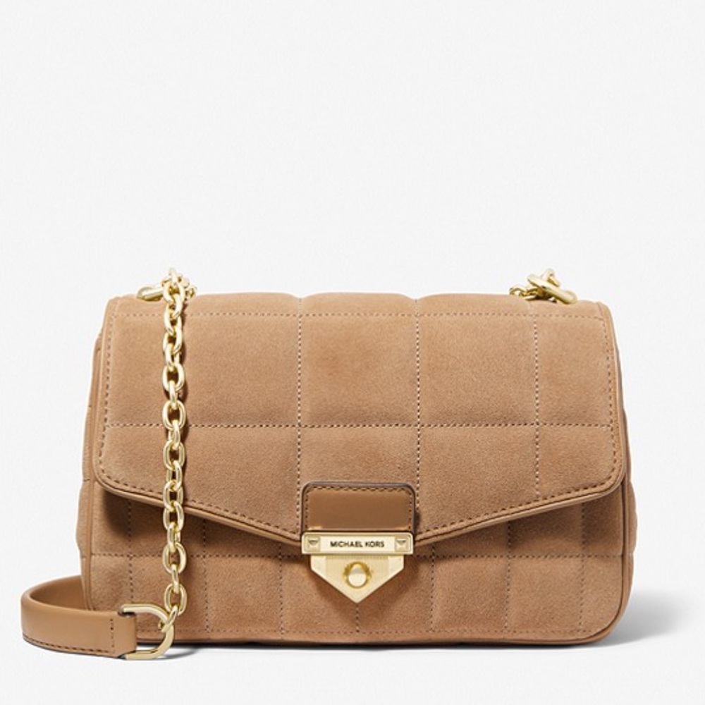 Michael Kors SoHo Large Quilted Suede Shoulder Bag Purse in color husk brown NWT